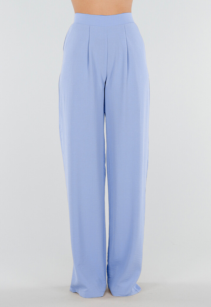 Lichtblauwe Linnenlook Tall Wide Leg Pantalon met Hoge Taille en Plooien