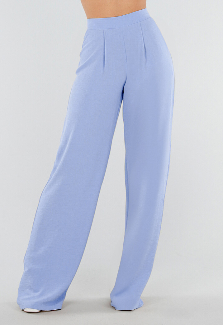 Lichtblauwe Linnenlook Tall Wide Leg Pantalon met Hoge Taille en Plooien