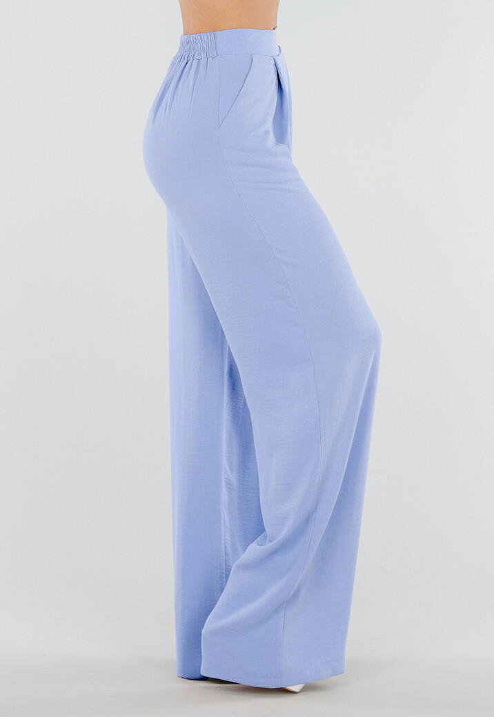 Lichtblauwe Linnenlook Tall Wide Leg Pantalon met Hoge Taille en Plooien
