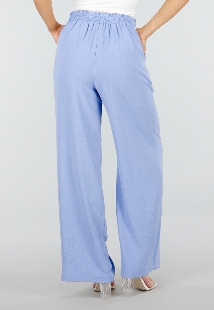Lichtblauwe Linnenlook Wide Leg Pantalon met Hoge Taille en Plooien