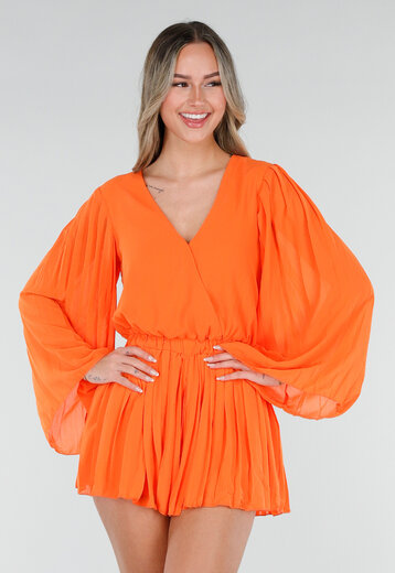 Oranje Playsuit met Lange Mouwen en V Hals