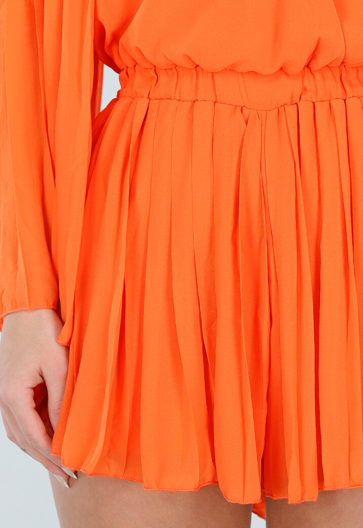 Oranje Playsuit met Lange Mouwen, V Hals en Geplooide Onderkant