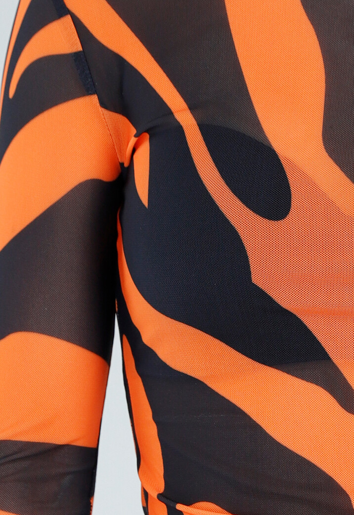 Oranje Mesh Top met Zebraprint en Lange Mouwen