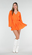 Oranje Playsuit met Lange Mouwen, V Hals en Geplooide Onderkant