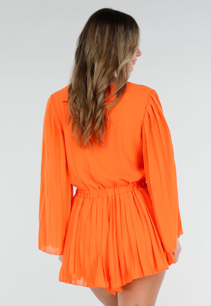 Oranje Playsuit met Lange Mouwen, V Hals en Geplooide Onderkant