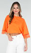 Oranje Oversized T-Shirt met Borduursel en Kanten Mouwen