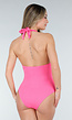 Roze Triangel Halter Badpak met Ribstructuur en Diepe V-Hals