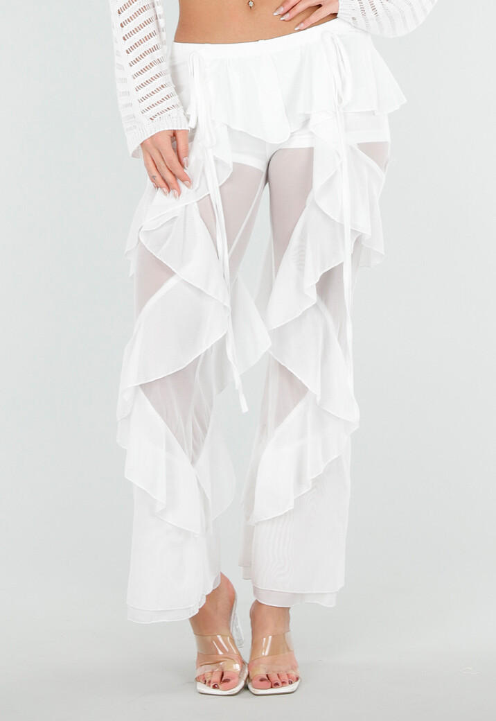 Witte Doorschijnende Broek met Stretch Ruffles en Voering