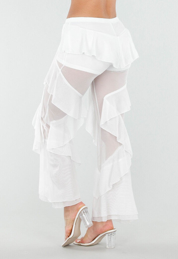 Witte Doorschijnende Broek met Stretch Ruffles en Voering
