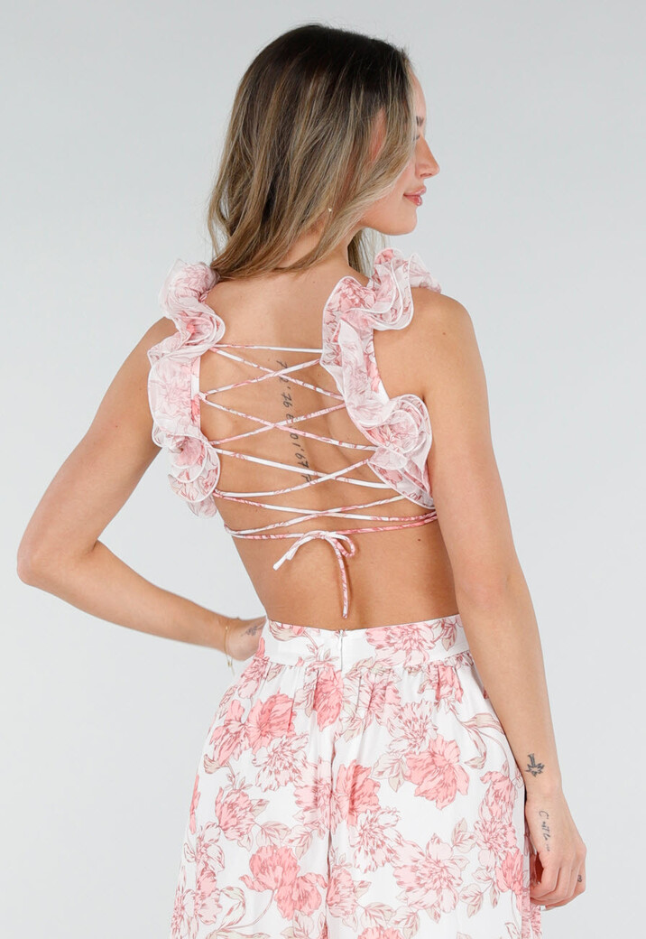 Witte Maxi Jurk met Roze Bloemenprint en Ruches