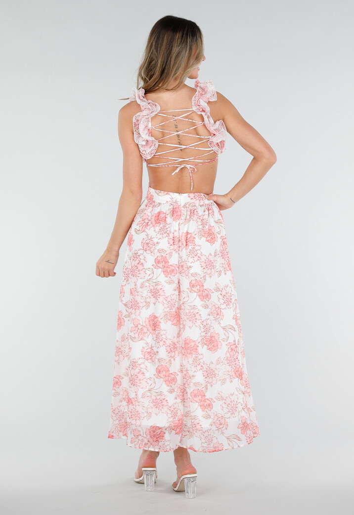 Witte Maxi Jurk met Roze Bloemenprint en Ruches