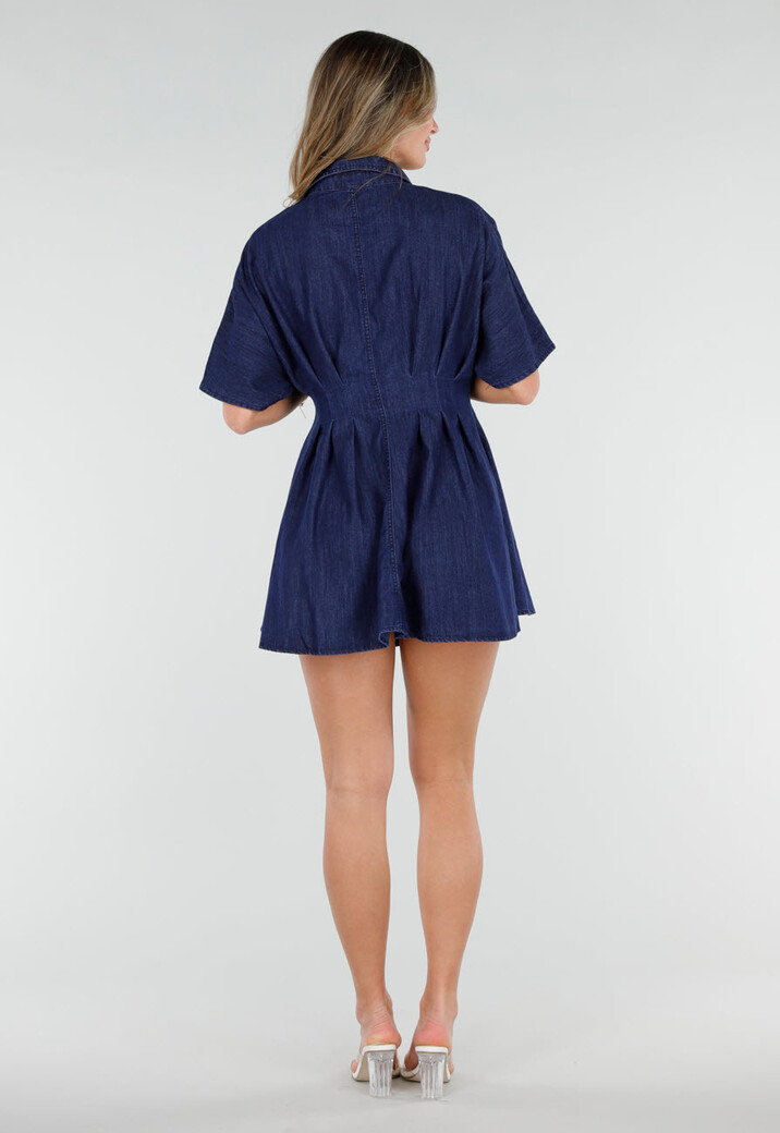 Donkerblauwe Getailleerde Denim Blouse Jurk met Korte Mouwen