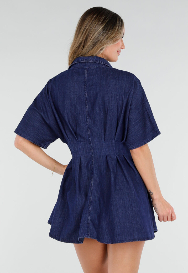 Donkerblauwe Getailleerde Denim Blouse Jurk met Korte Mouwen