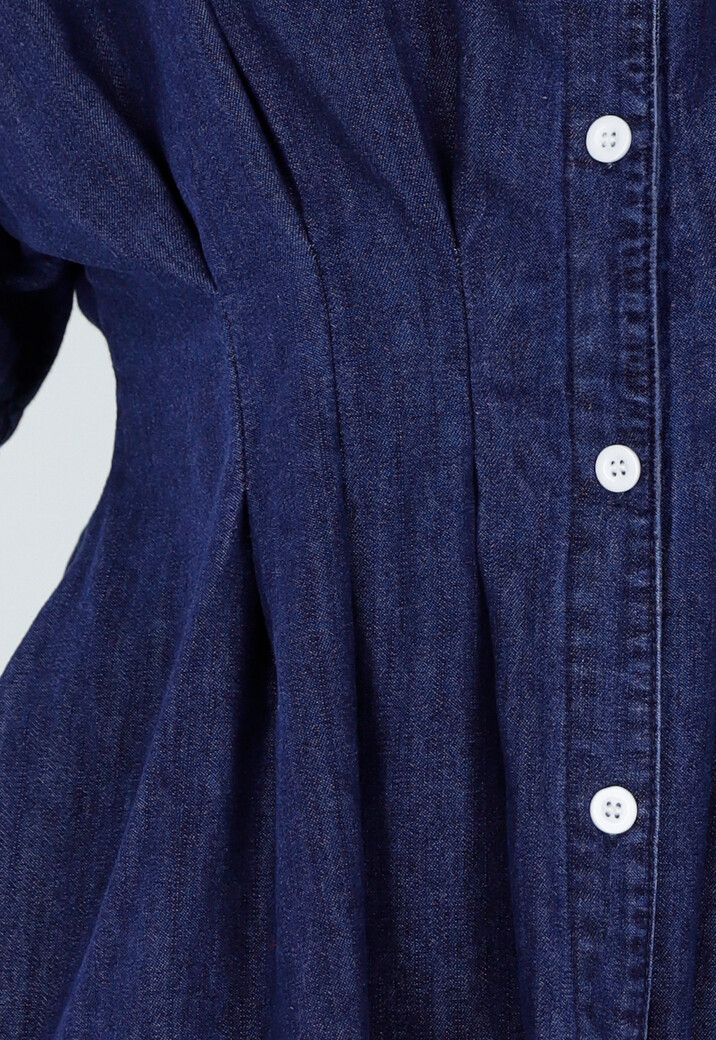 Donkerblauwe Getailleerde Denim Blouse Jurk met Korte Mouwen