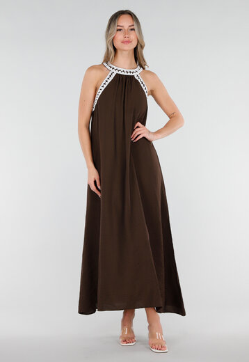 Bruine Maxi Halter Jurk met Witte Rand