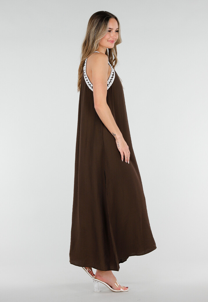 Bruine Maxi Halter Jurk met Witte Rand