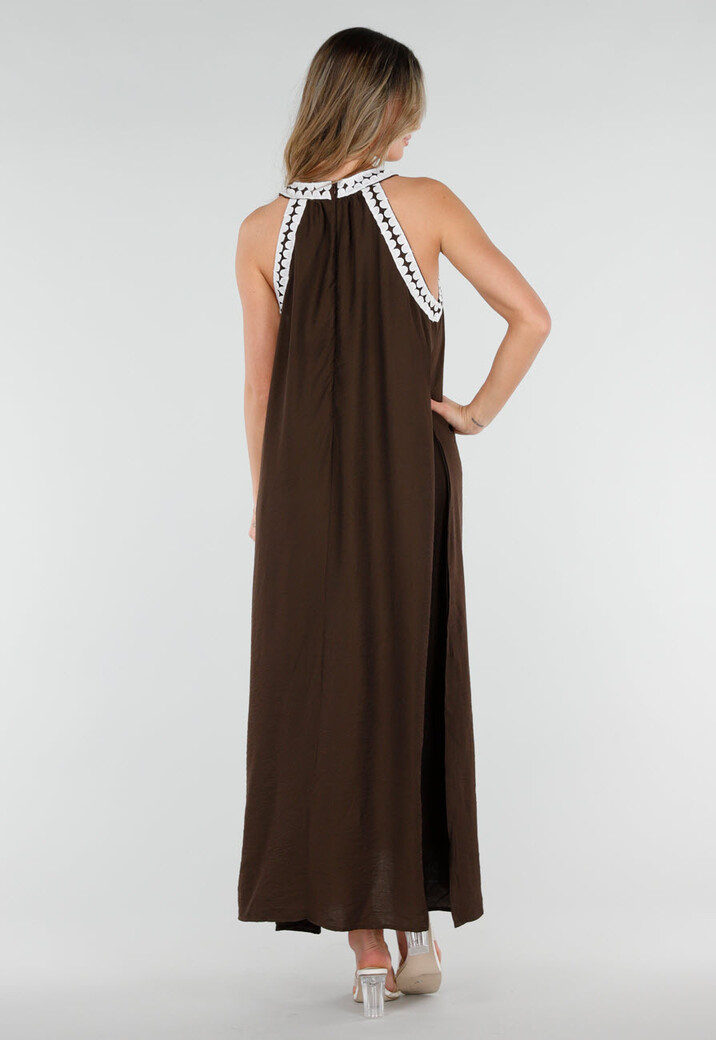 Bruine Maxi Halter Jurk met Witte Rand