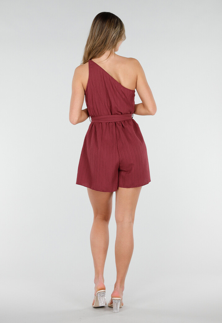 Bordeaux Playsuit met One Shoulder en Strik Tailleband