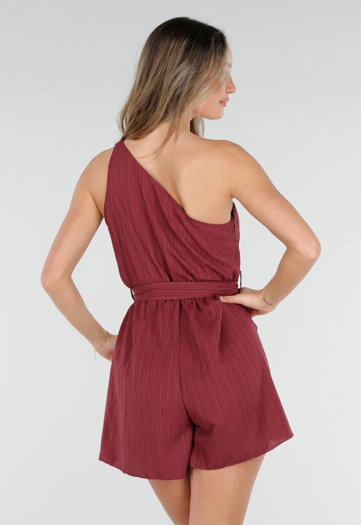 Bordeaux Playsuit met One Shoulder en Strik Tailleband