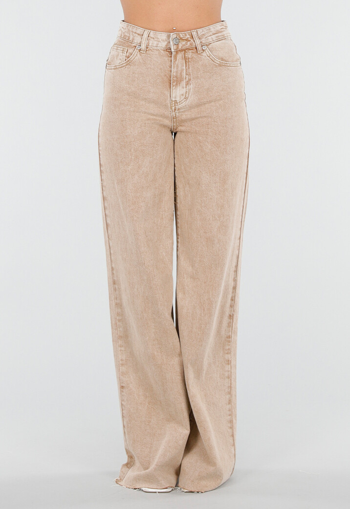 Beige Wide Leg Tall Denim Jeans met Wassing