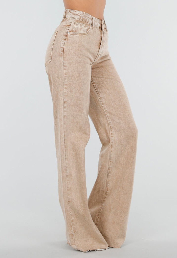 Beige Wide Leg Tall Denim Jeans met Wassing