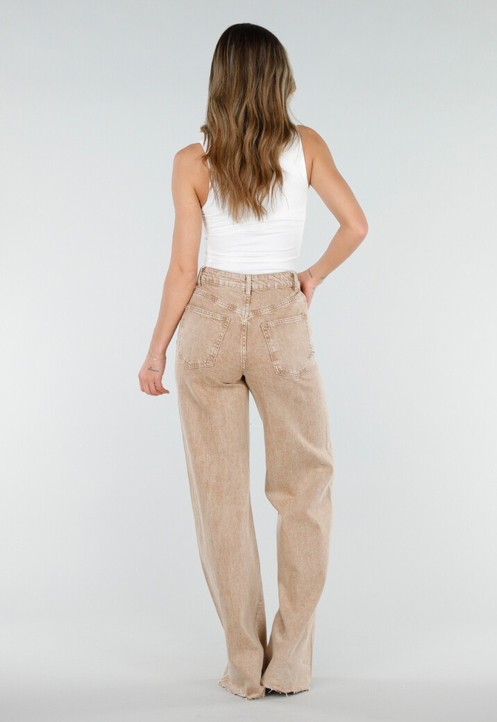 Beige Wide Leg Tall Denim Jeans met Wassing