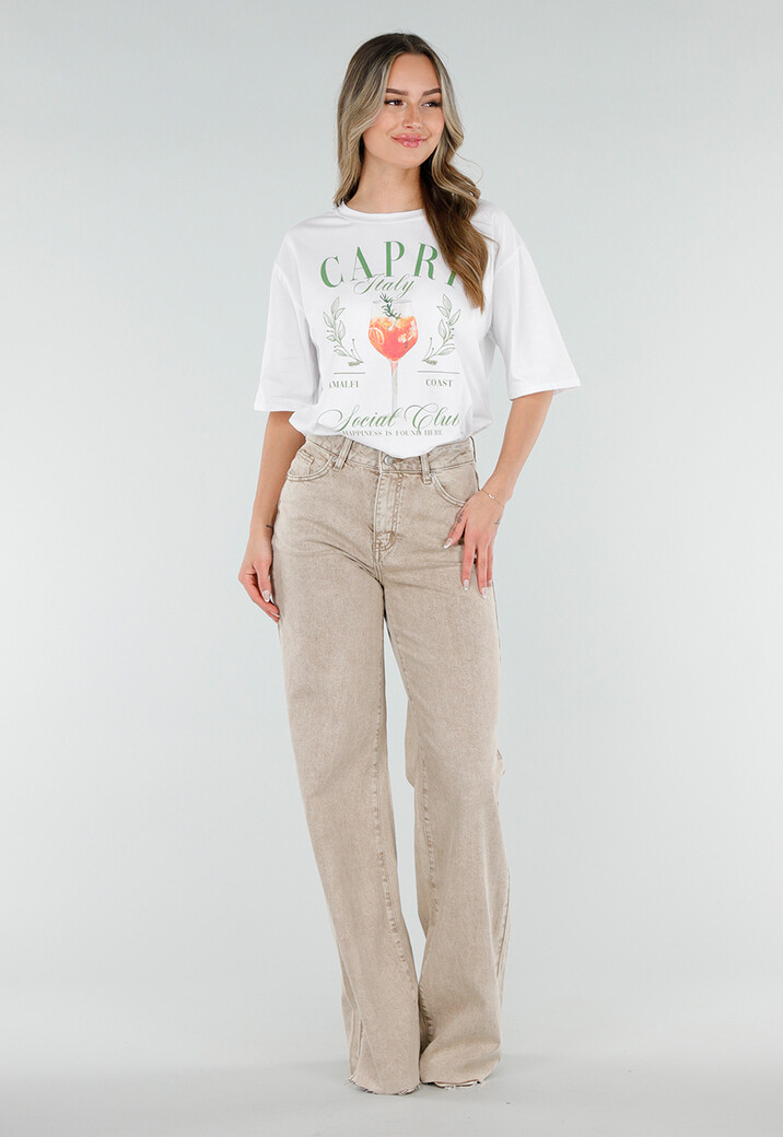 Beige Wide Leg Tall Jeans met High Waist