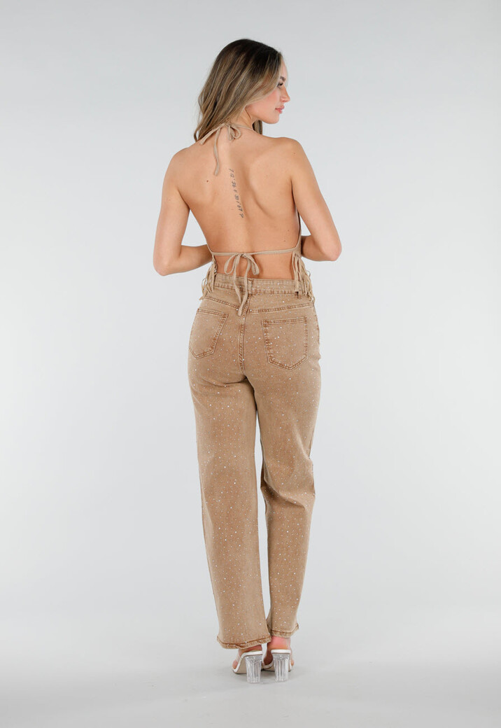 Camel Wide Leg Jeans met Strass en Hoge Taille