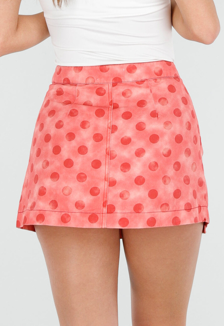 Roze Denim Rok met Rode Stippen en Overslag Sluiting