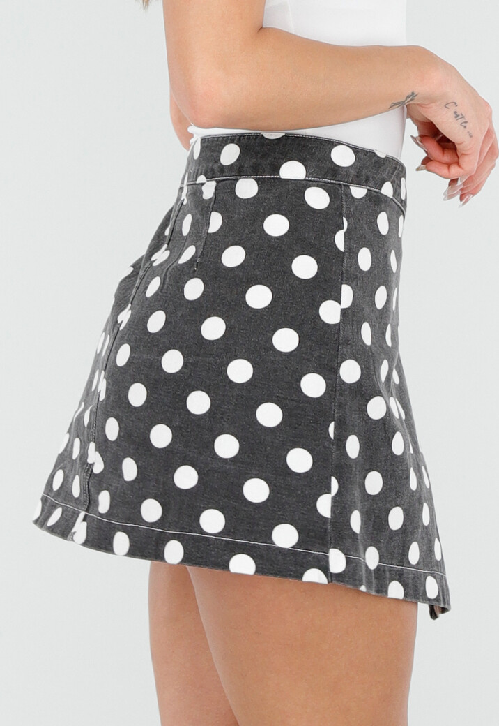 Donkergrijze Spijkerrok met Witte Stippen en Overslag Sluiting