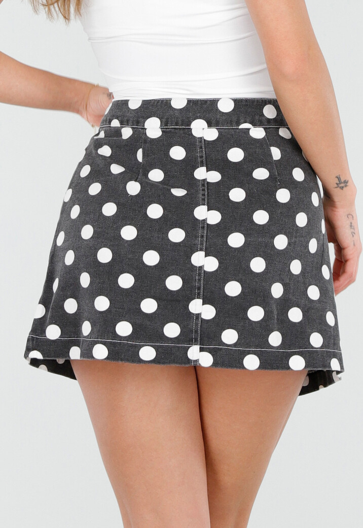 Donkergrijze Spijkerrok met Witte Stippen en Overslag Sluiting