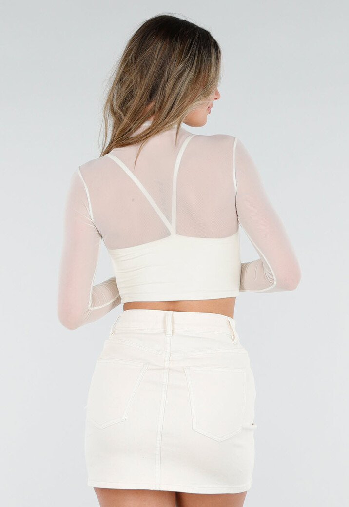 Crème Mesh Top met Lange Mouwen en Cut Out en Pads