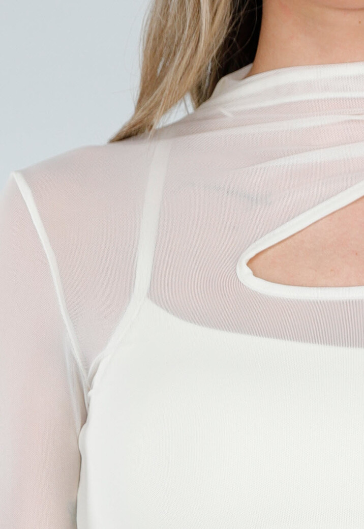 Crème Mesh Top met Lange Mouwen en Cut Out en Pads