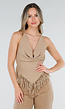 Beige Halter Top met Fringe Zoom en Open Rug