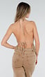 Beige Halter Top met Fringe Zoom en Open Rug