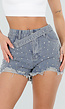 Lichtblauwe Denim Short met Strass Steentjes en Rafelzoom