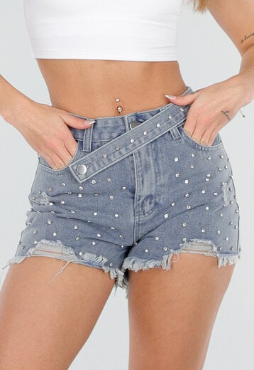 Lichtblauwe Denim Short met Strass en Rafelzoom