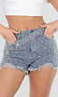 Lichtblauwe Denim Short met Strass en Rafelzoom