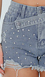 Lichtblauwe Denim Short met Strass Steentjes en Rafelzoom