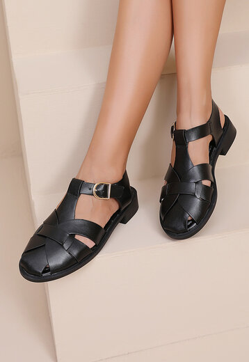 Zwarte Lederlook Sandalen met Gesp