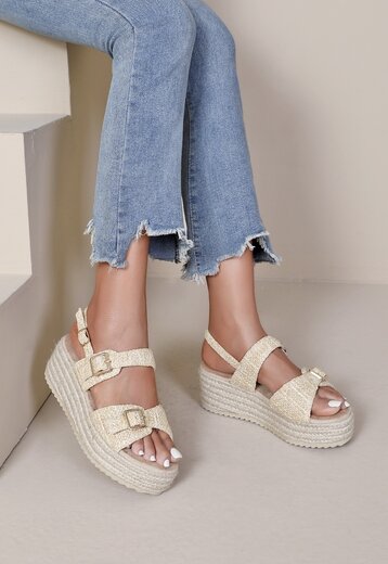 Beige Raffia Sandalen met Sleehak