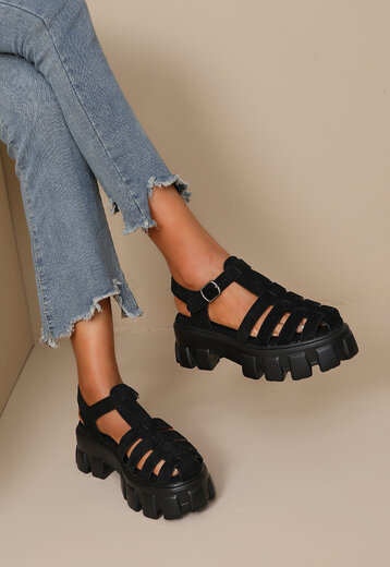 Zwarte Suède Plateau Sandalen