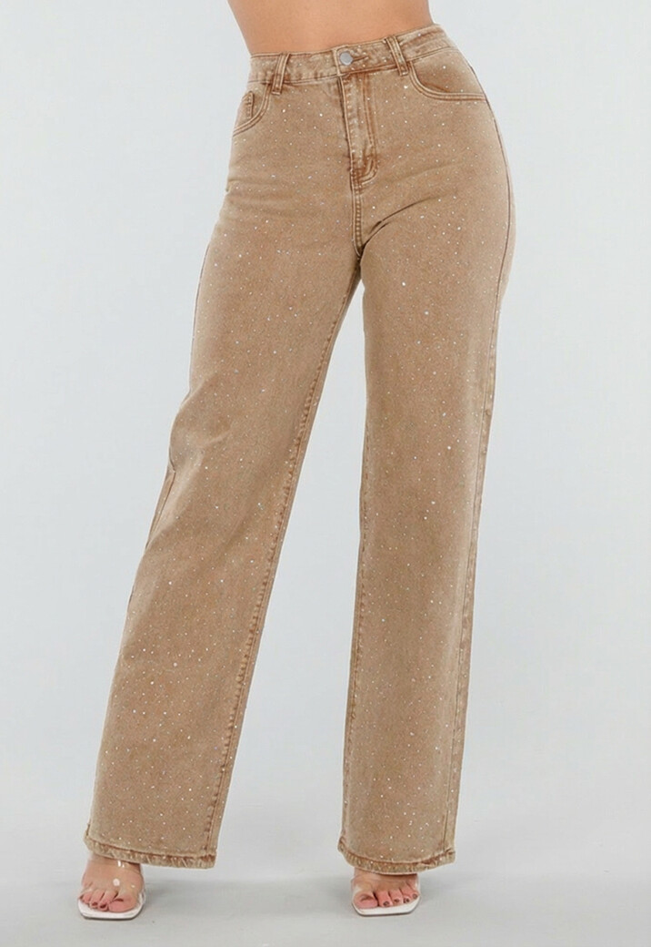 Camel Wide Leg Jeans met Strass en Hoge Taille