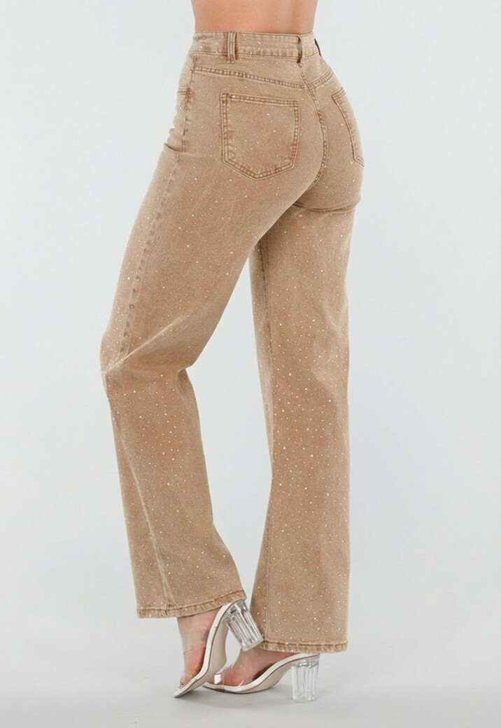 Camel Wide Leg Jeans met Strass en Hoge Taille