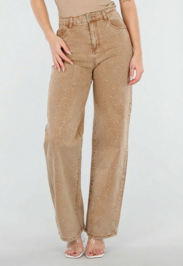 Camel Wide Leg Jeans met Strass