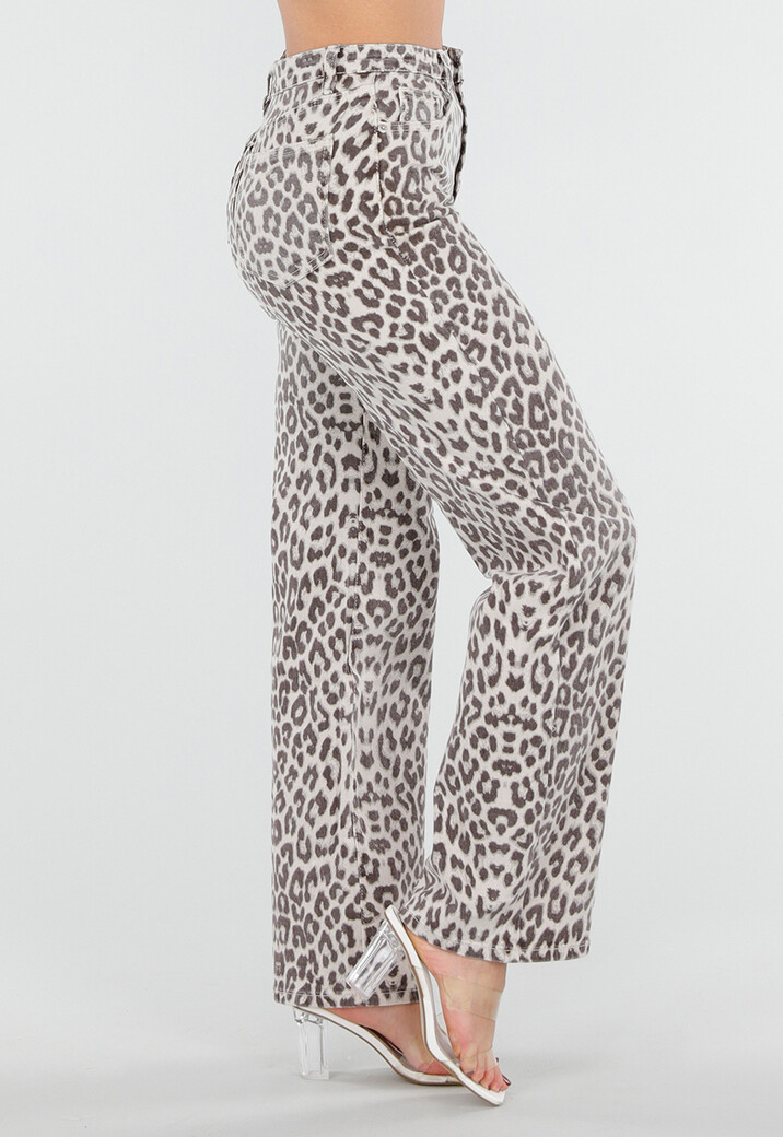 Beige Denim Straight Leg Jeans met Luipaardprint en Hoge Taille