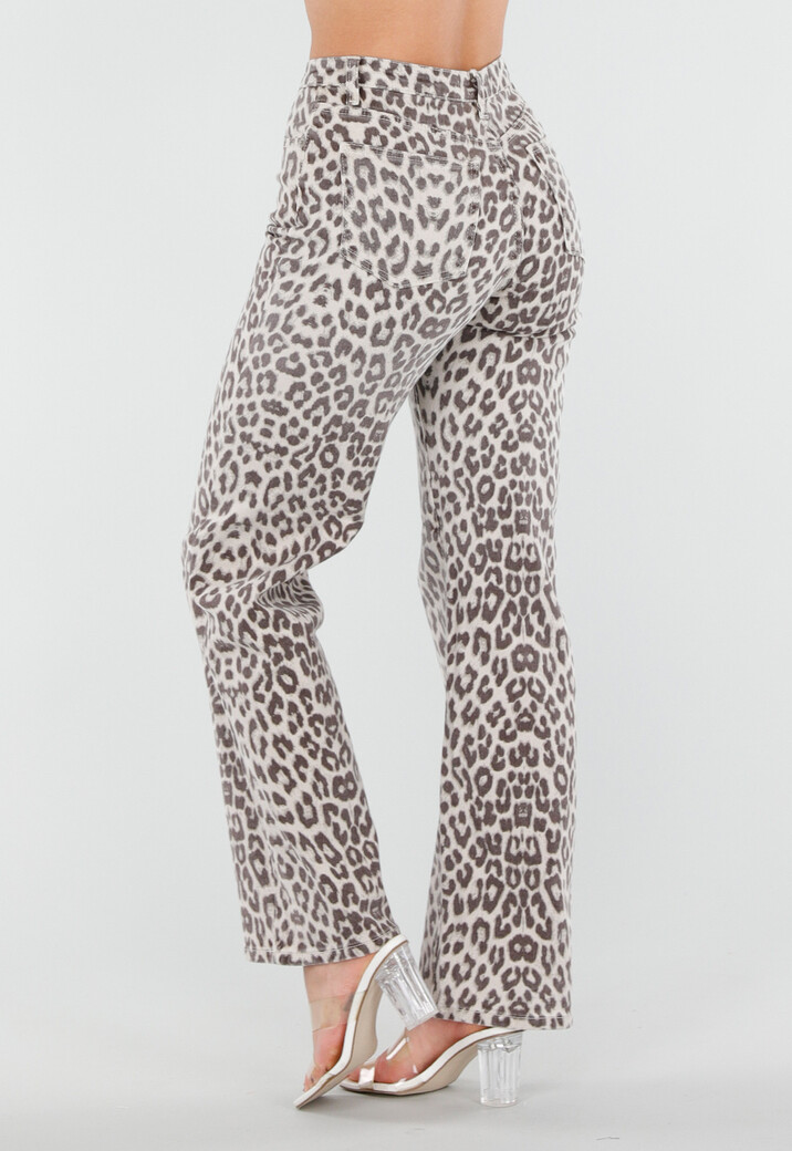 Beige Denim Straight Leg Jeans met Luipaardprint en Hoge Taille