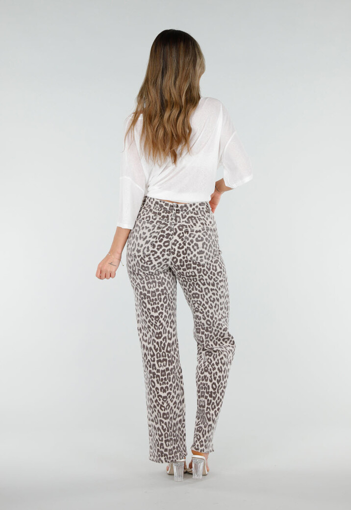Beige Denim Straight Leg Jeans met Luipaardprint en Hoge Taille