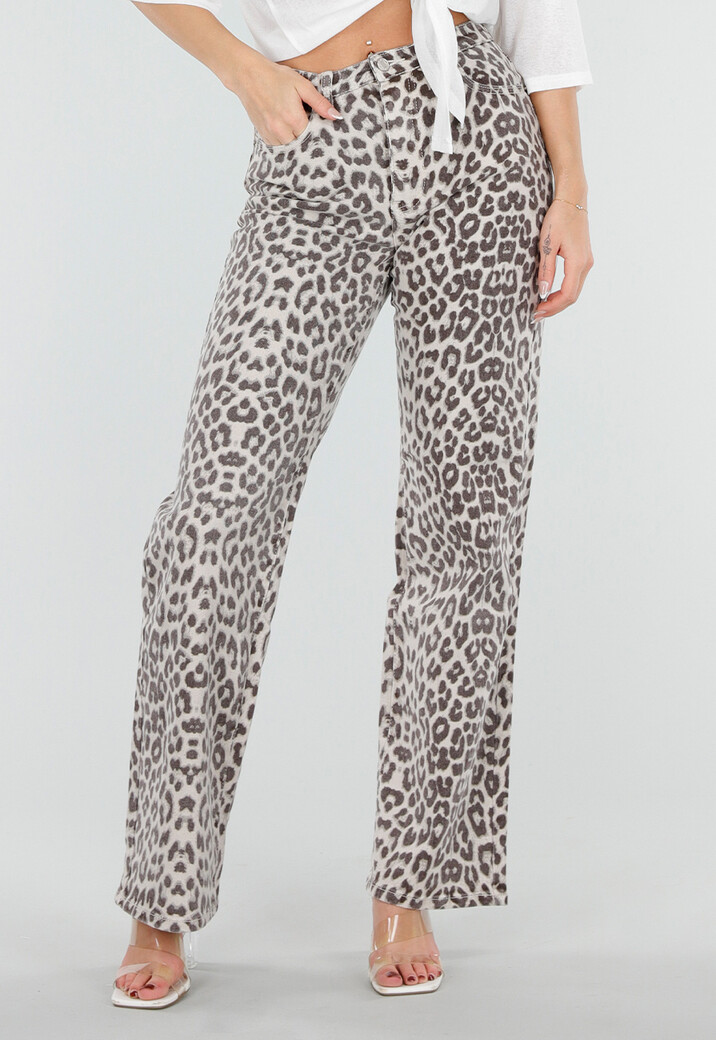 Beige Denim Straight Leg Jeans met Luipaardprint en Hoge Taille