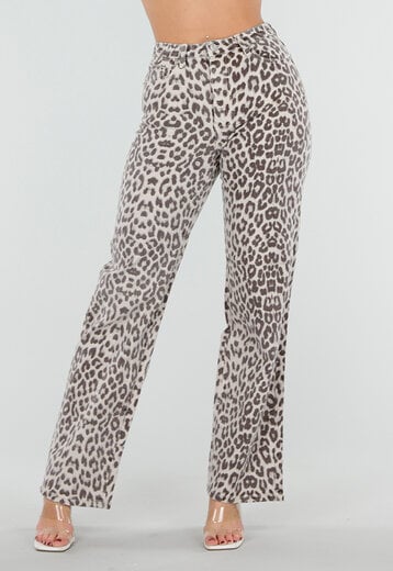 Beige Luipaardprint Straight Leg Jeans